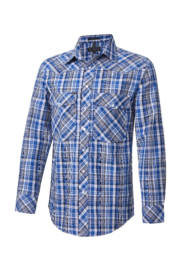 Shirt LS | Mens | Pilbara Western | Blue/Black/White - Snap Button