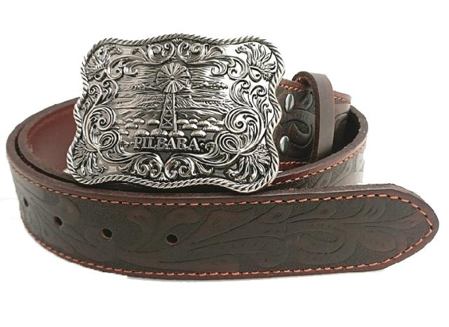 Belt | Mens | Pilbara Western | Rodeo Buckle Tooled - Dark Brown