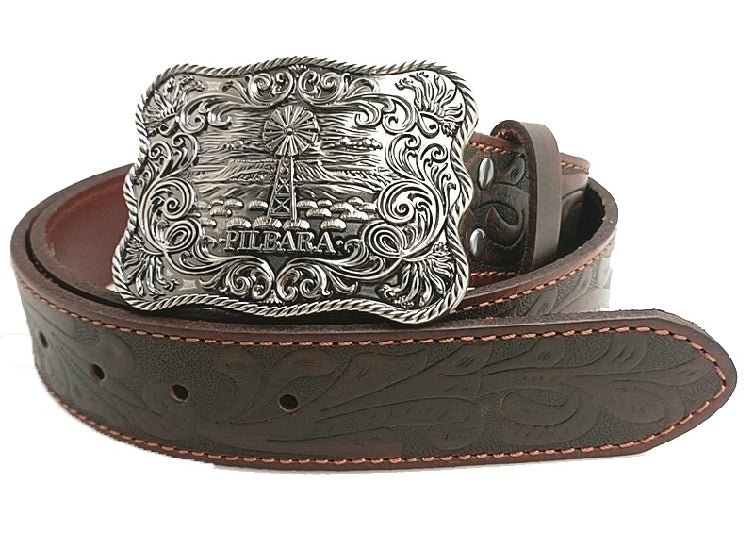 Belt | Mens | Pilbara Western | Rodeo Buckle Tooled - Dark Brown