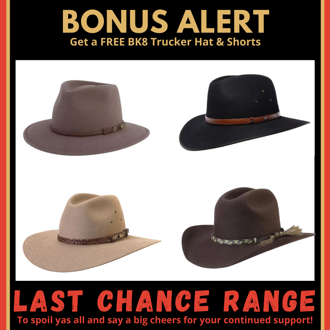 Akubra | Last Chance Range + get Bonus BK8 Trucker Hat & Shorts